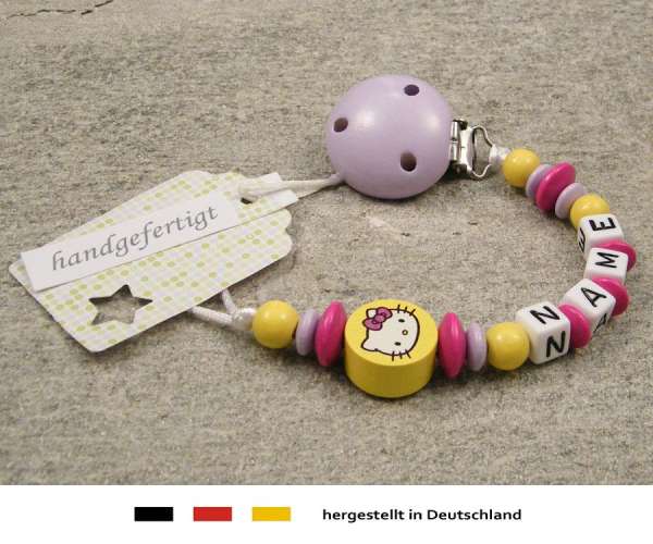 Baby Schnullerkette Mit Namen Hello Kitty In Gelb Pink Personalisierte Babyartikel Mehr Schnullerketten Shop