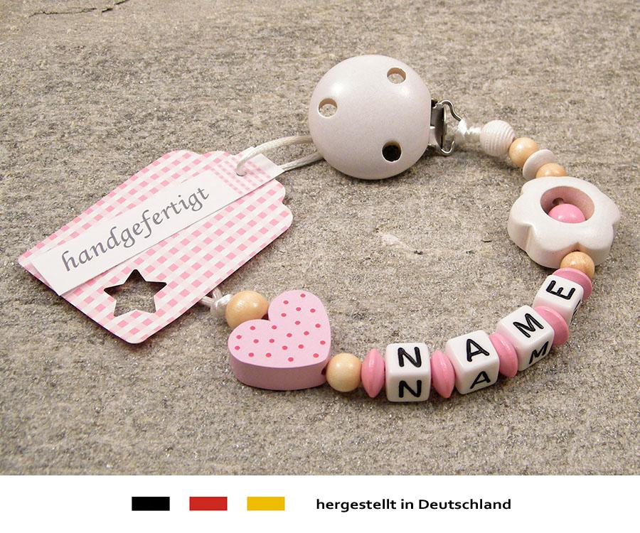 Baby Schnullerkette Mit Namen Herz Blume In Rosa Personalisierte Babyartikel Mehr Schnullerketten Shop