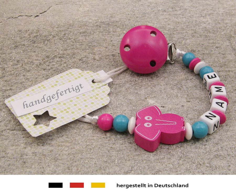 Baby Schnullerkette mit Namen Elefant in pink ...